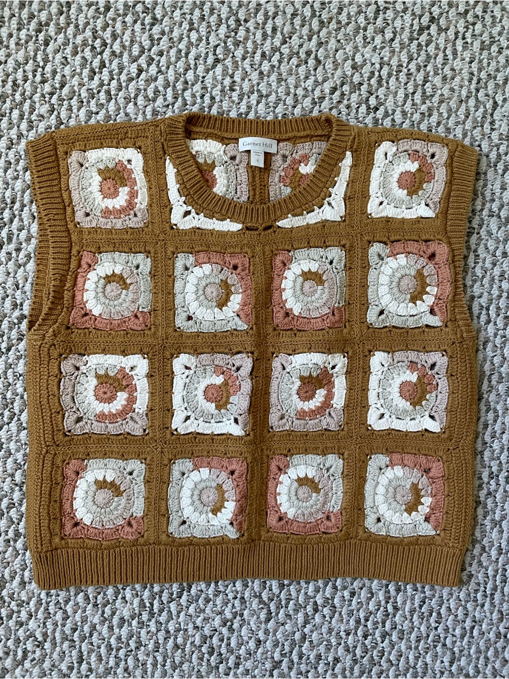 Garnet Hill Crocheted Mustard Square Motif Vest with Cream and Dusty Pink